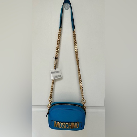 MOSCHINO COUTURE Lambskin Blue Leather Gold Chain Crossbody/Clutch - Picture 14 of 16